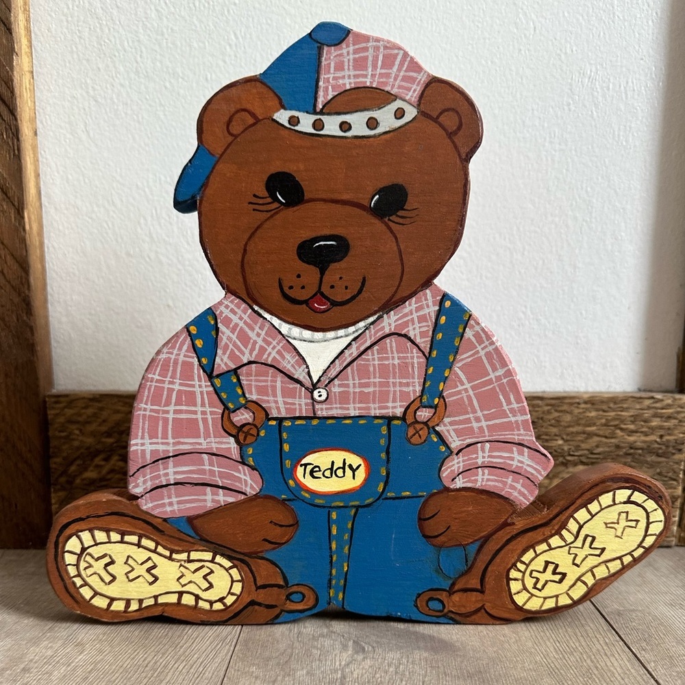 Vintage 90s Hand Crafted Wooden ‘Teddy’ Bear Nursery Kids Boys Room Decor